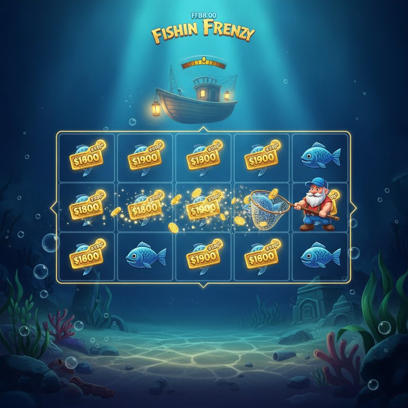 Fishin Frenzy free games feature with fisherman wild collecting fish prize values on screen