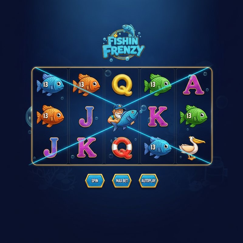Fishin Frenzy gameplay showing active paylines across the five by three reel grid