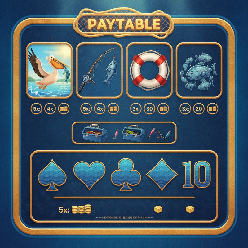 Fishin Frenzy paytable displaying pelican fishing rod life preserver tackle box and card symbol payouts